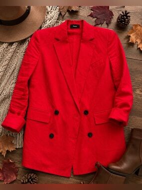 Theory Piazza Red Linen Blend Double Breasted Blazer Jacket Size 2